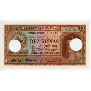 Portuguese India 10 Rupias 1945 Cancelled Note