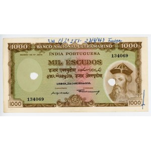 Portuguese India 1000 Escudos 1959 Cancelled Note
