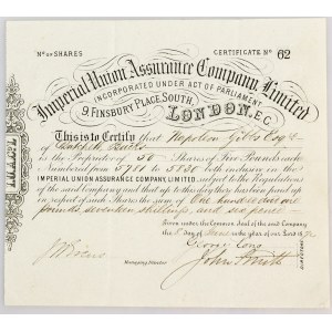 Great Britain Imperial Union Assurance Company Ltd London 50 Shares of £5 1874