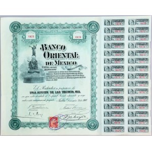 Mexico Banco Oriental de Mexico Puebla $100 share 1900