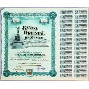 Mexico Banco Oriental de Mexico Puebla $100 share 1909