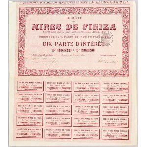 Romania Société des Mines de Firiza Paris 10 Parts d'Interet 1895