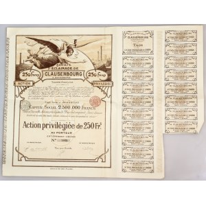 Romania Société d'Éclairage de Clausenbourg & Extensions S.A., Cluj / Bruxelles, Preffered Share for 250 Francs, 1897, Capital 2.500.000 frs 1897