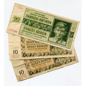 Bohemia & Moravia Lot of 3 Banknotes 1942 - 1944