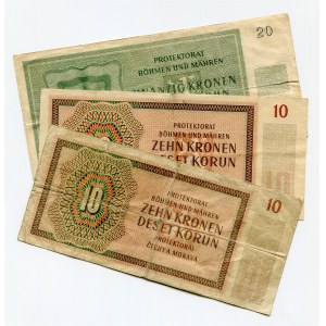 Bohemia & Moravia Lot of 3 Banknotes 1942 - 1944