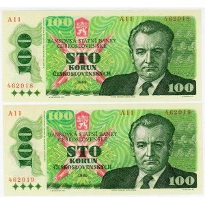 Czechoslovakia 2 x 100 Korun 1989 With Consecutive Numbers