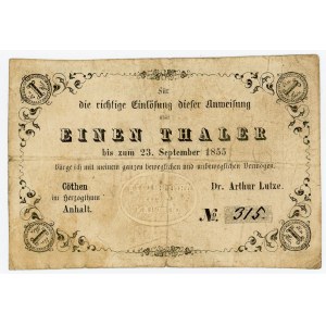 German States Anhalt-Kothen 1 Thaler 1854 Dr. Arthur Lutze