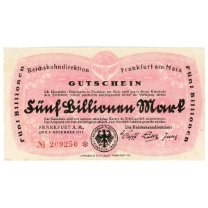 Germany - Weimar Republic Frankfurt am Main Reichsbahndirektion 5 Billionen Mark 1923