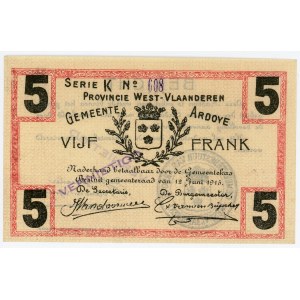 Belgium West-Vlaanderen Ardoye 5 Francs 1915