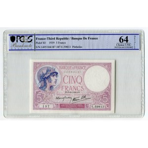 France 5 Francs 1939 PCGS 64 Choice UNC