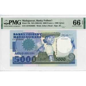 Madagascar 5000 Francs / 1000 Ariary 1988 - 1994 (ND) PMG 66 EPQ Gem Uncirculated
