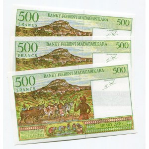 Madagascar 3 x 500 Francs 1996 - 2004 (ND) With Consecutive Numbers