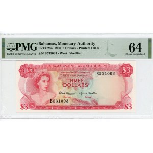 Bahamas 3 Dollars 1968 PMG 64 Choice Uncirculated