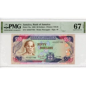 Jamaica 50 Dollars 1988 PMG 67 EPQ Superb Gem UNC Fancy Number