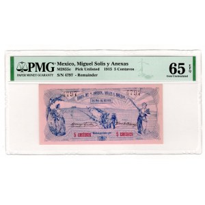 Mexico Miguel Solis y Anexas 5 Centavos 1915 PMG 65 EPQ