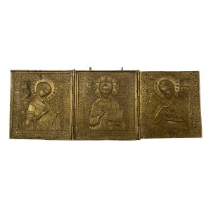 Třídílná cestovní ikona: Kristus Pantokrator, Panna Maria Oranžská, svatý Jan Křtitel.