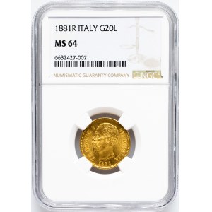 Italy, 20 Lire 1881, R, NGC MS 64