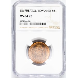 Romania, 5 Bani 1867, Heaton, NGC MS 64 RB