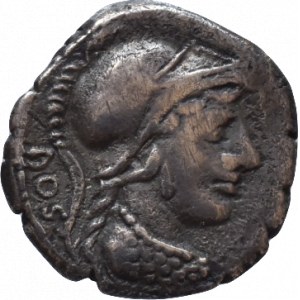 RUBRIA, Lucius Rubrius Dossenus, denár 57 př.Kr. , Poprsí Minervy / Triumfální quadriga