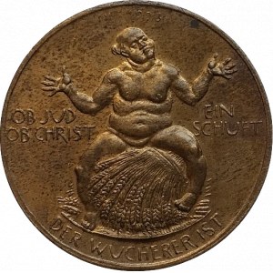 NĚMECKO - VÝMARSKÁ REPUBLIKA, Cu medaile 1923 proti lichvě 38mm lichvář sedící na snopu obilí/7 řádkový nápis