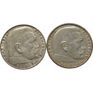 NĚMECKO - III. ŘÍŠE, 2 Marka 1937 A, E, J, J, 1938 A, B, 1938 E , 1939 A, Hindenburg, svastika, 8ks