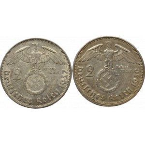 NĚMECKO - III. ŘÍŠE, 2 Marka 1937 A, E, J, J, 1938 A, B, 1938 E , 1939 A, Hindenburg, svastika, 8ks