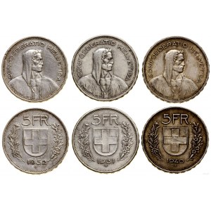 Szwajcaria, zestaw: 3 x 5 franków, 1931, 1940, 1952, Berno