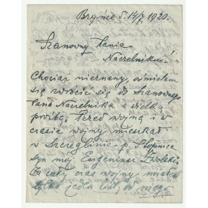 A LETTER from Kazimierz Zwolski to the Head of State Jozef Pilsudski, requesting help in finding his son who went missing during the Polish-Bolshevik war, Bryńce 1920