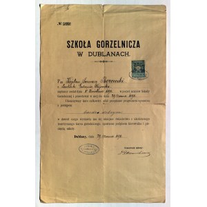 [DISTILLING]. Dublany. Certificate of graduation from the Distillery School in Dublany by Kajetan Ignacy Borowski from Pawlowka in the Kiev Governorate on June 29, 1890.