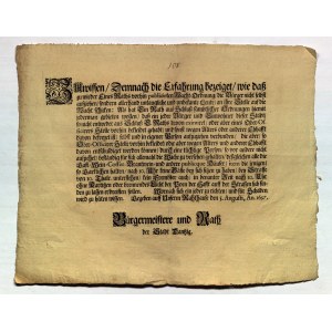 GDAŃSK. Entschließung der Bürgermeister und Ratsherren vom 5. August 1697 über die Notwendigkeit des persönlichen Dienstes in der Stadtwache und das Verbot der Entsendung von Abgeordneten.