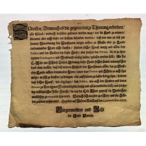 GDAŃSK. Uchwała burmistrzów i rajców z 2 stycznia 1699 r. Zabroniono w niej odsprzedaży przewożonego do Gdańska lądem lub wodą zboża innym kupcom.