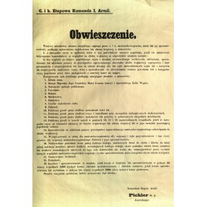 KIELCE. Order of Generalmajor Ferdinand Pichler, concerning the introduction of a state of emergency in the territory occupied by the Austro-Hungarian army in the Świętokrzyskie province. Polish-German bilingual print, [1914].