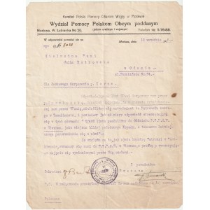 Polish Committee for Assistance to Victims of War in Moscow. Department of Aid to Polish Foreign Subjects. Moscow, W. Lubianka No. 20.
