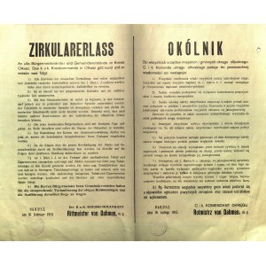 OLKUSZ. Circular of c. and k. District Commander von Dahmen, introducing new regulations in the lands occupied by Austria-Hungary (including prohibition of teaching in the Russian language, introduction of the Gregorian calendar, introduction of citizen m