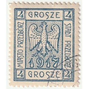 PRZEDBÓRZ. Dwa znaczki pocztowe o wartości 2 i 4 groszy z 1917 r.