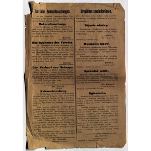 WŁOCŁAWEK. Nariadenia nemeckých úradov z októbra 1914. - Oznámenie o prevzatí správy okresu Wloclawek hlavou Buerscha, zákaz svojvoľného výrubu lesa, zákaz predaja vodky, oznámenie o prevzatí civilnej moci Buerscha.