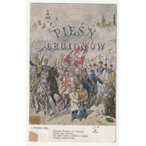 POLSKÁ HYMNA. PÍSEŇ LEGIÍ. Vlastenecká pohlednice s reprodukcí obrazu Juliusze Kossaka (1824-1899), na němž jsou vyobrazeni vojáci a kosíři z napoleonské doby, s citátem z Mazurky Dąbrowského ve spodní části. Vydal Salon polských malířů, do roku 1918.