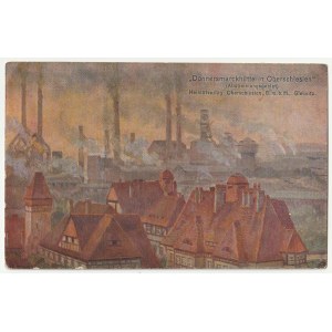 PLEBISCIT - Horní Slezsko, Zabrze. Donnersmarcké železárny, německá propagandistická pohlednice vydaná k plebiscitu, asi 1920; na zadní straně razítko s výzvou k příspěvkům pro Horní Slezsko.