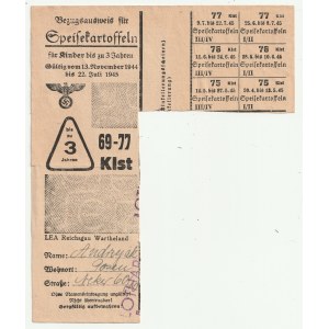 POZNAŃ - bramborová karta. Průkaz pro děti do 3 let, platný od 13. listopadu 1944 do 22. července 1945 pouze v takzvaném Warthelandu pro Andrzejaka.