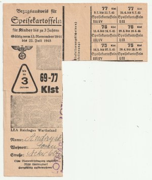 POZNAŃ - zemiaková karta. Preukaz pre deti do 3 rokov, platný od 13. novembra 1944 do 22. júla 1945 len v takzvanom Warthelande pre Andrzejaka.