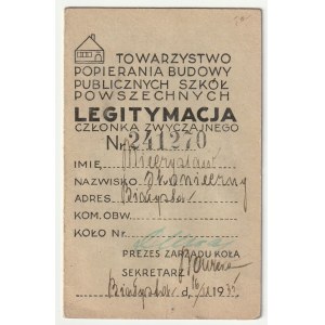 BIAŁYSTOK. Legitimation of Ordinary Member of the Society for the Support of the Construction of Public Common Schools for Major Mieczyslaw Skonieczny, then an officer of the garrison in Bialystok, issued in Bialystok on 16.IX.1935