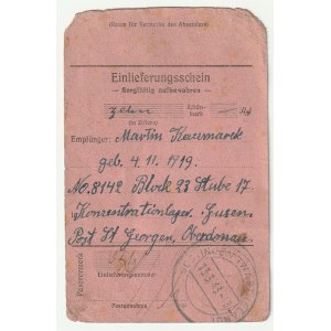 GUSEN. Postwurfsendung adressiert an Marcin Kaczmarek, Häftlingsnummer 8142, Block 23 Kammer 17 aus dem Konzentrationslager Gusen