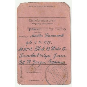 GUSEN. Mail blotter addressed to Marcin Kaczmarek, prisoner number 8142, block 23 chamber 17 from Gusen Concentration Camp