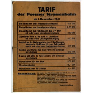 POZNAŇ. Přepravní tarif okupačních poznaňských tramvají od 1. prosince 1941