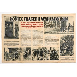 KONEC varšavské tragédie. Německý plakát, který byl vyroben po podepsání podmínek kapitulace povstalci 2. 10. 1944.