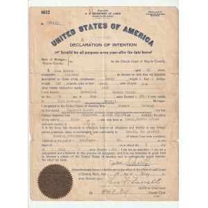 EMIGRÁCIA do USA. Takzvaná Deklarácia úmyslu (Declaration of Intention) Jána Shultza, narodeného v Lubranci v roku 1870, ktorý emigroval do USA cez Brémy na lodi Wilhelm Kaiser.