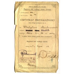 KOLOMYIA. Osvedčenie o príslušnosti vydané 11. júla 1922: Kráľ. ...
