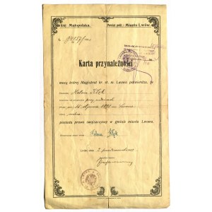 LWÓW. Karta przynależności z 2.10.1922: mocą której Magistrat kr. St. m. Lwowa potwierdza, …