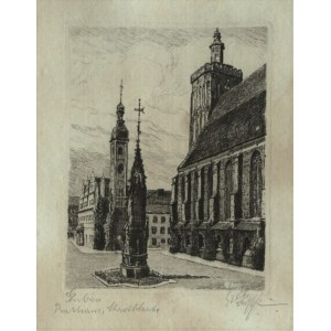 BUSCHBAUM, KARL ALBRECHT (1885-1955), GUBIN. Widok na ratusz i kościół farny (obecnie w ruinie) w Gubinie; ok. 1920...