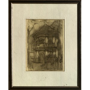 KOPYSTYŃSKI, STANISŁAW (1893-1969). In front of the synagogue, ca. 1934; tone-on-tone aquatint, fine condition, frame and glass; dimensions 107x154 mm....